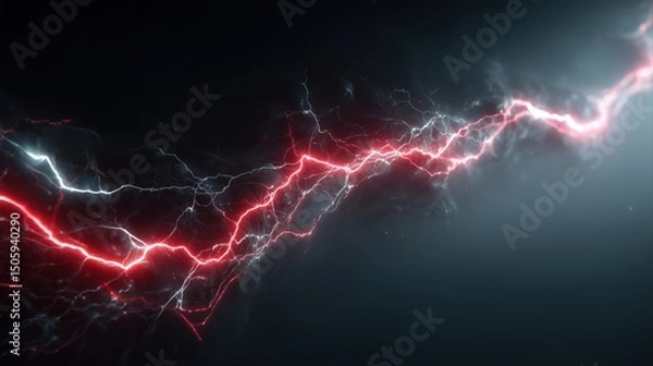 Obraz striking red and white lightning bolt with electric energy effect on dark stormy sky