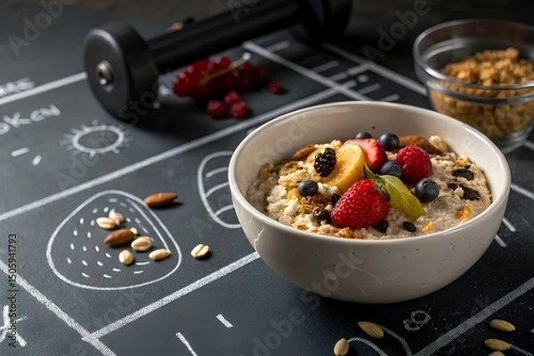 Obraz A bowl of oatmeal, seeds and fruit on a gym chalkboard background - a shot without people, the light is falling obliquely