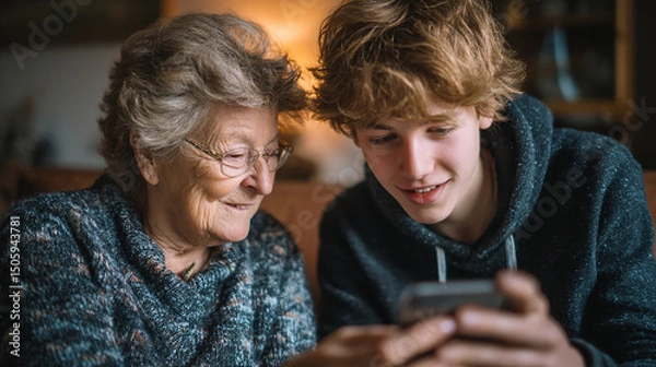 Fototapeta Family with a young member of the family teach how to use a smartphone to grandma