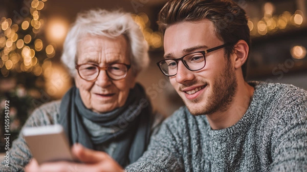 Fototapeta Family with a young member of the family teach how to use a smartphone to grandma