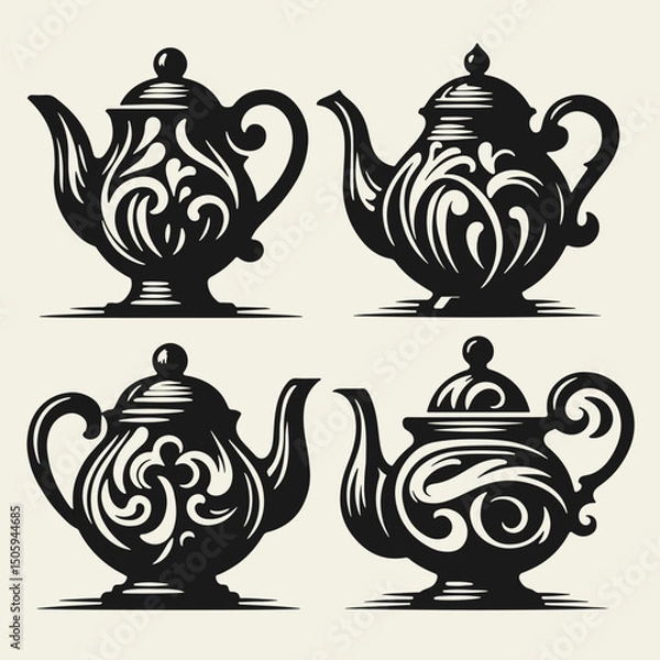 Fototapeta Set of four elegant vintage-style black and white vector illustrations of different teapots. Bold outlines, linocut technique, high contrast, perfect for retro kitchen or tea-themed designs.