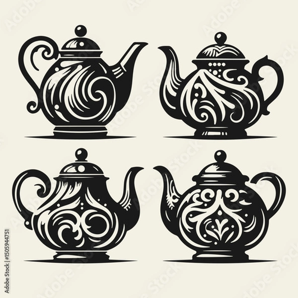 Fototapeta Set of four elegant vintage-style black and white vector illustrations of different teapots. Bold outlines, linocut technique, high contrast, perfect for retro kitchen or tea-themed designs.