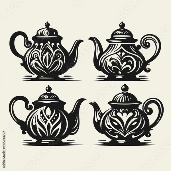Fototapeta Set of four elegant vintage-style black and white vector illustrations of different teapots. Bold outlines, linocut technique, high contrast, perfect for retro kitchen or tea-themed designs.