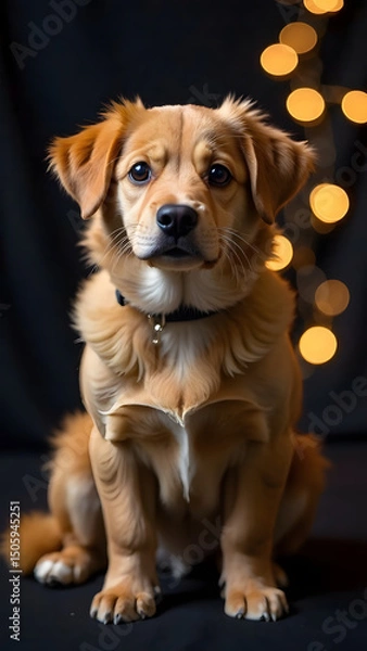 Obraz Cute brown puppy sitting on dark background with warm bokeh lights behind it.