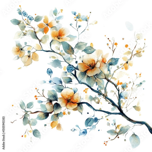 Obraz A watercolor painting depicting branches with flowers and leaves isolated on a transparent background