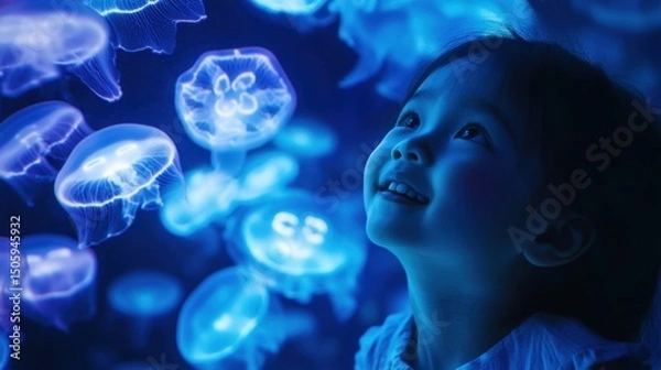 Obraz Asian child gazing at glowing jellyfish in aquarium with wonder and curiosity National Zoo and Aquarium Month