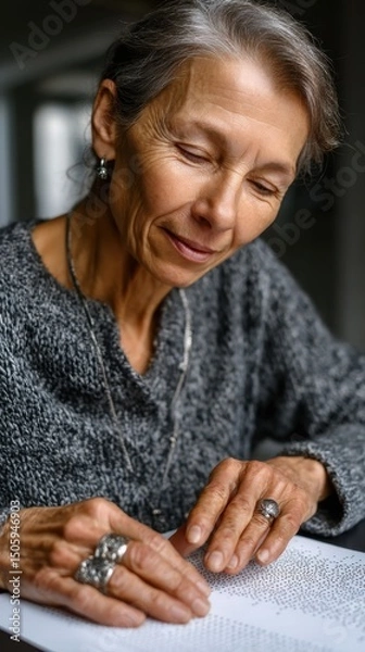 Obraz Elderly caucasian female reading braille at home in a cozy setting