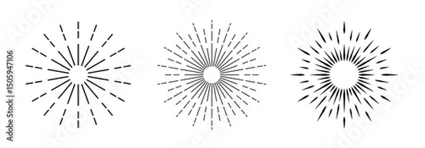 Fototapeta A set of three solar bursts. Icons of the black sun on a white background. Solar bursts, elements of a shining star. Vintage labels, badges, fireworks, or logos. Vector Eps 10.