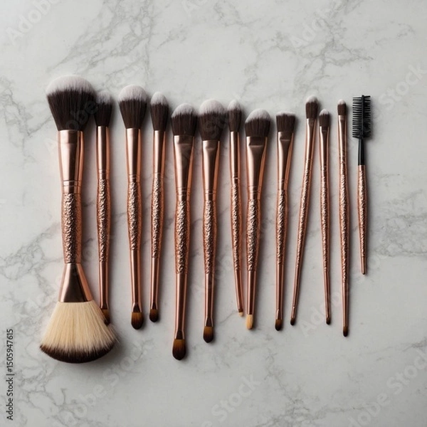Obraz Rose gold and black makeup brush set laid out neatly on a clean white background.