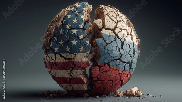Fototapeta Cracked globe showcasing the fractured relationship between the US and Russia