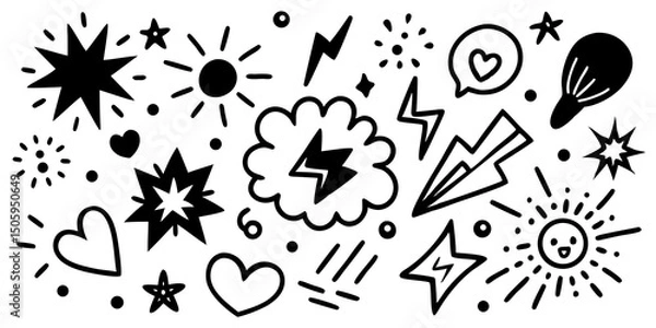 Fototapeta Line marker hand drawn brush arrow element set. Sketch pencil stroke vector graphic pen underline scribble icon. Hand drawn line heart, crown, star symbol highlight marker shape. Vector illustration