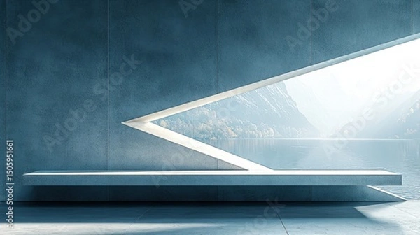 Fototapeta Modern Minimalist Architecture with Scenic View of Water and Mountains
