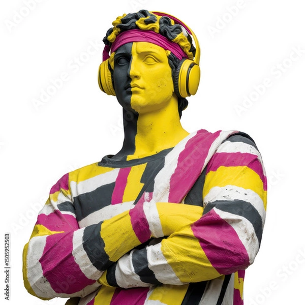 Obraz Classical statue is creatively painted in vibrant yellow, black, and magenta, wearing headphones and striped outfit, blending traditional art with modern pop culture
