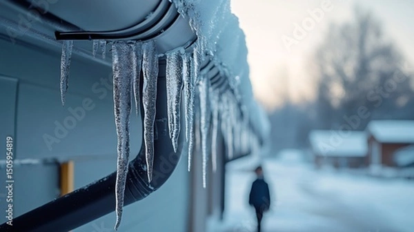 Fototapeta Icicles hanging from gutter during winter, freezing weather causing ice buildup