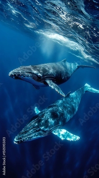 Fototapeta Two humpback whales swimming in deep blue ocean