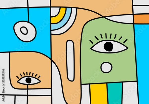 Fototapeta Expressive abstract face illustration with bright colors and flowing geometric lines in cubist pop style.