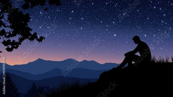 Obraz a man sitting on a hill looking at the stars