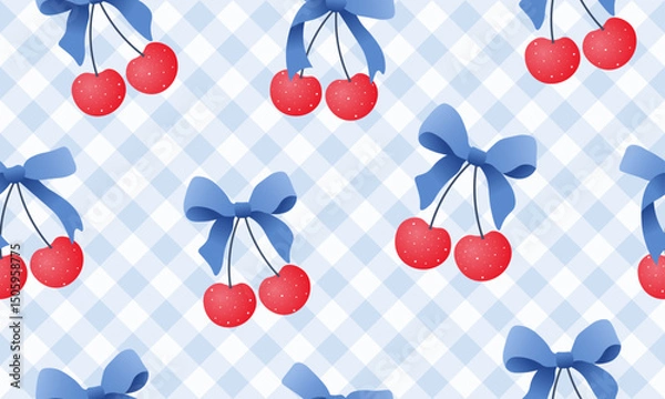 Obraz bow seamless patterns, ribbon, gift wrapping paper seamless pattern, Vector graphics. happy birthday, anniversary, party, celebration, fabric, textile, cherry, red pink blue, check, watercolor effect