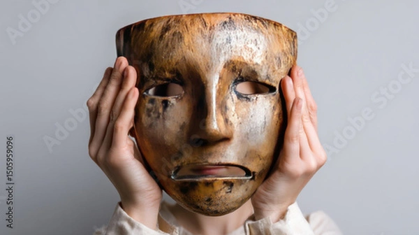 Fototapeta Someone's hiding their sadness behind a happy mask. This represents the challenges of bipolar disorder, depression