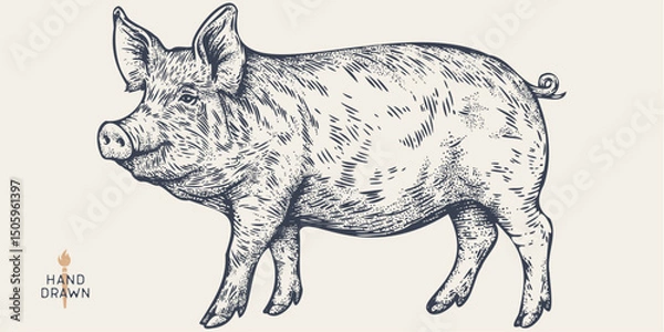 Fototapeta Pork, pig, hog, meat tag label. Template Meat Tag Label. Vintage print, tag, label farm pig sketch ink pencil style drawing. Butchery, pork pig farm, meat shop, text, typography. Vector Illustration