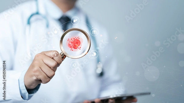 Obraz Cancer check concept. The doctor is holding a magnifying glass with Cancer cells icon to Medical check up breast, lungs, liver, colon, and cervical for Risk Assessment and disease diagnosis.