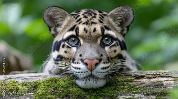 Fototapeta Clouded Leopard on Mossy Log - A majestic clouded leopard rests peacefully on a mossy log, symbolizing nature, wildlife, tranquility, mystery, and the beauty of the wild