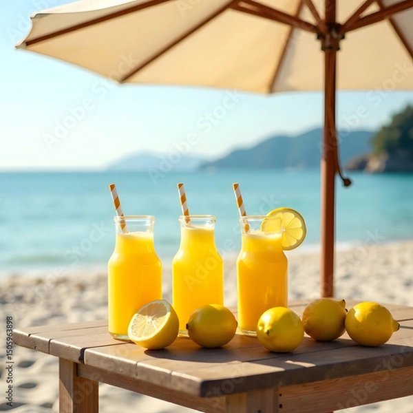 Obraz Refreshing lemon juice bottles on beach table under umbrella in summer sunlight.