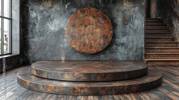 Fototapeta Rustic Grunge Showcase with Circular Backdrop and Wooden Flooring