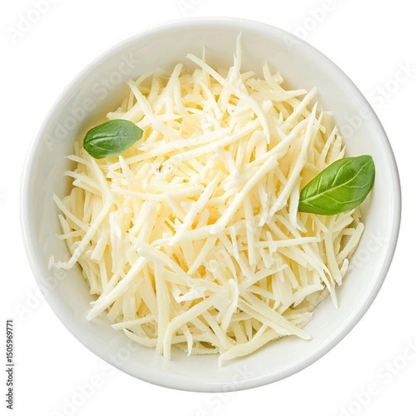 Fototapeta A white bowl filled with shredded cheese and two small basil leaves on top of the cheese shreds close up
