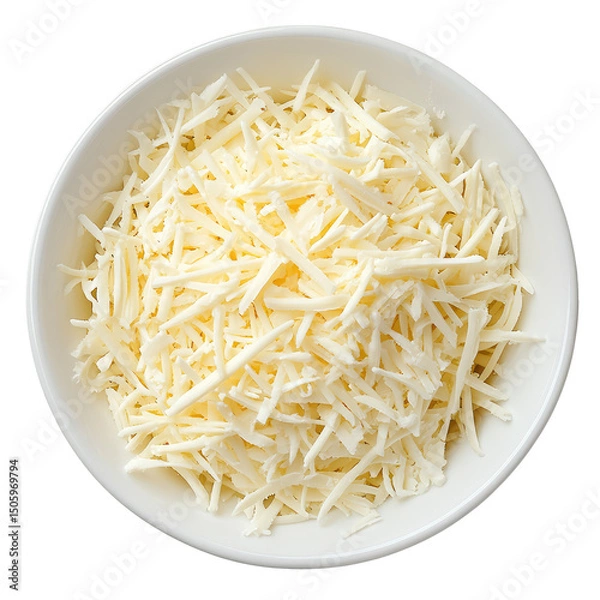 Fototapeta A top down view of a white bowl filled with shredded cheese on a black background in a studio shot