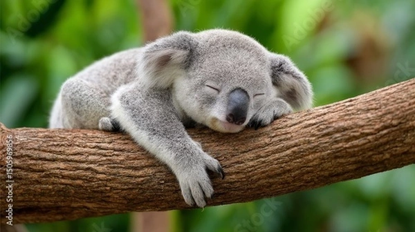 Obraz Sleepy Koala on a Branch - A cute koala bear sleeps soundly on a tree branch, symbolizing peace, tranquility, nature, wildlife, and Australian fauna