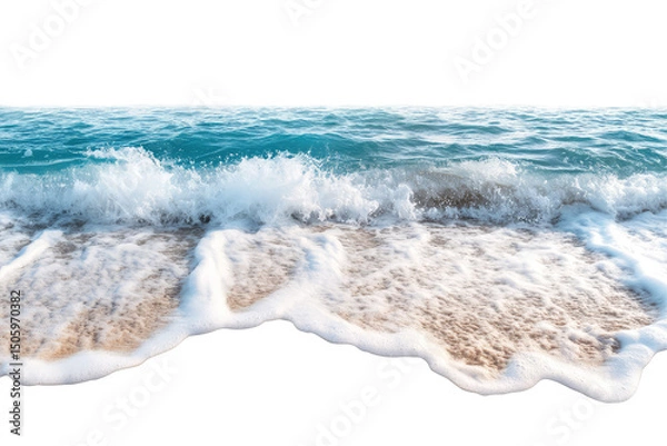 Fototapeta A wave crashing on a sandy beach with white foam and blue water under a clear sky on a sunny day