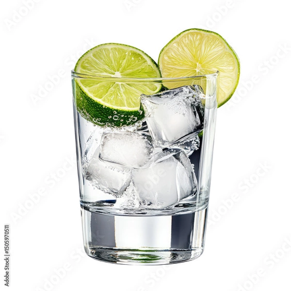 Fototapeta A glass filled with ice cubes and a clear liquid garnished with lime slices on a black background