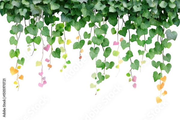 Fototapeta A view of hanging ivy with green leaves and some colorful leaves against a black background space
