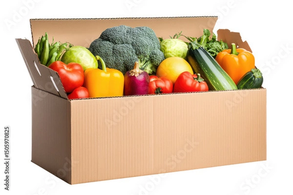 Fototapeta A cardboard box filled with an assortment of colorful fresh vegetables and produce on a black background