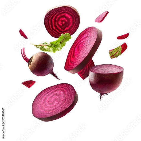 Fototapeta A still life of sliced and whole beets with green leaves floating against a black background image view