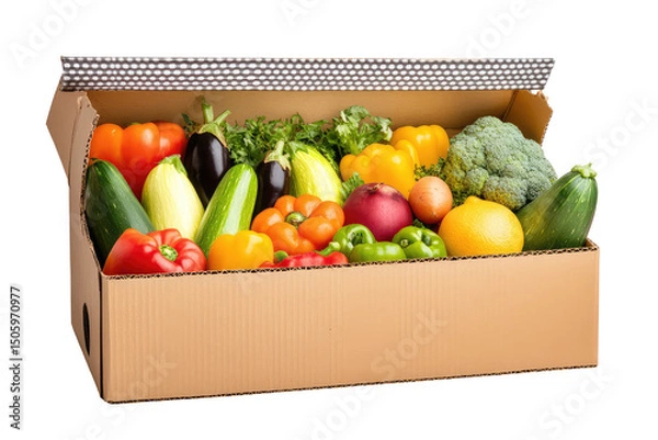 Fototapeta A cardboard box filled with a variety of colorful fresh vegetables and produce ready for consumption