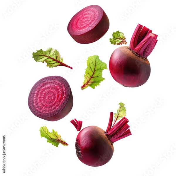 Fototapeta A display of whole and sliced beets with green leaves isolated against a black background studio shot