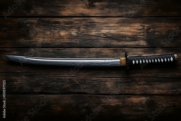 Fototapeta Long Katana sword on the brown wooden table background close up.