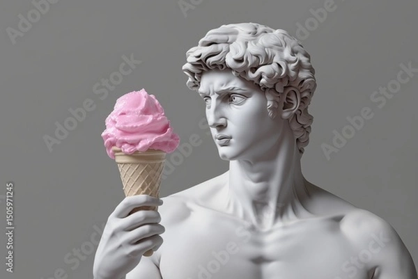 Fototapeta White marble statue of David holding a pink ice cream cone, fashion glamor photo concept