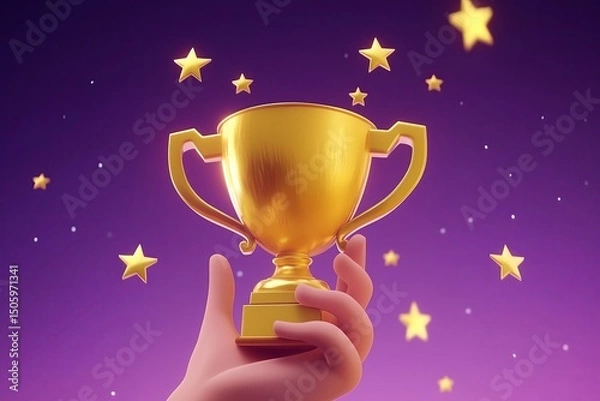 Fototapeta 3d minimalistic winner's trophy.  Champion shiny gold cup, winner's award. 3d rendering illustration.