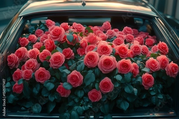 Fototapeta A large bouquet of bright red roses lies in the trunk of an expensive car, a concept of surprise and celebration