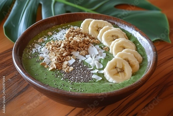 Fototapeta Bright green avocado smoothie with fresh banana slices, granola, chia seeds and shredded coconut. Healthy food concept