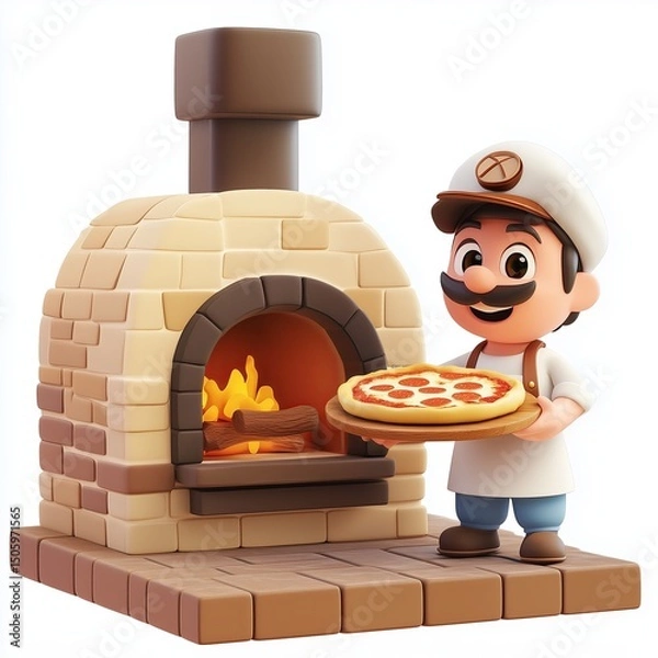Fototapeta baker standing next to an open brick oven, holding a wooden peel with fresh pizza.