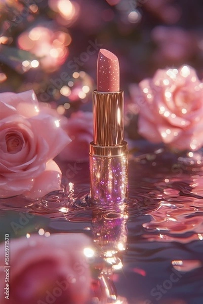 Fototapeta Glamorous decorative cosmetics in pink colors and glitters