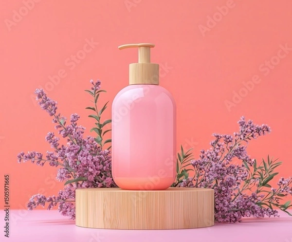 Fototapeta Layout of a body or hand lotion or other body product on a peach background, blank space for text or advertisement