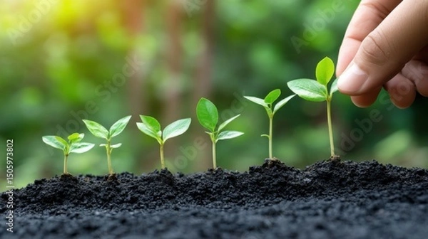 Obraz a hand is touching a small plant in the dirt