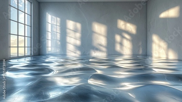 Fototapeta Serene Interior Space with Reflections on Fluid Surface and Light
