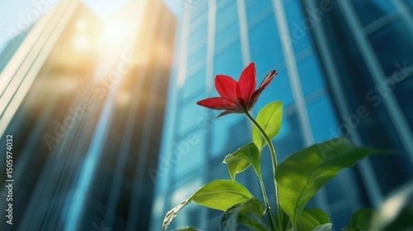 Obraz a red flower in front of a tall building