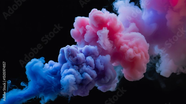 Fototapeta Abstract image of pink and blue smoke clouds swirling against a black background creating a vibrant effect
